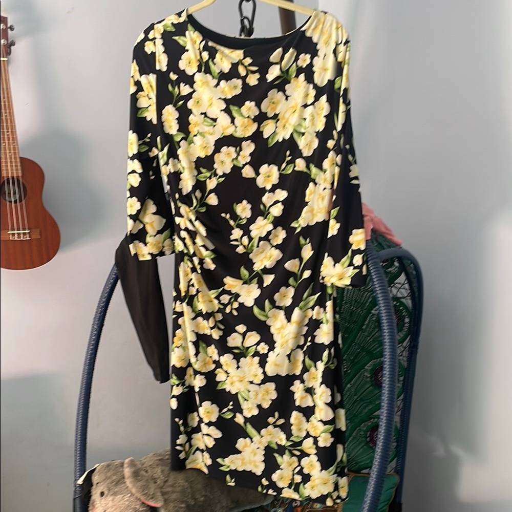 Ralph Lauren Black Floral Long Sleeve Dress with Yellow Blossoms
